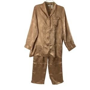 Delicates Satin Pajama Set Womens Medium 2 Pc Brown Floral Long Sleeve Button Up